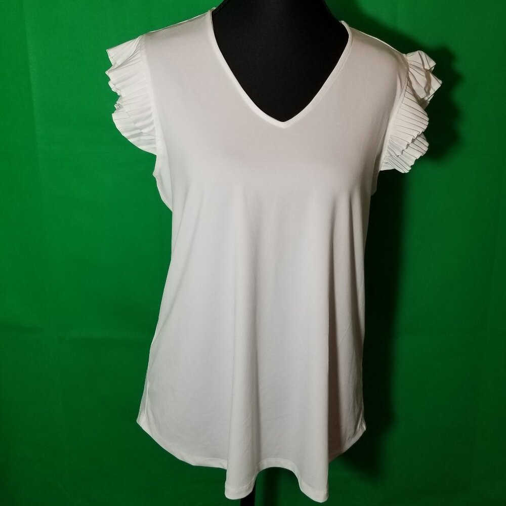 Tahari Womens White Ruffle Sleeve Blouse Size S/P Business Retro Wedding NWT